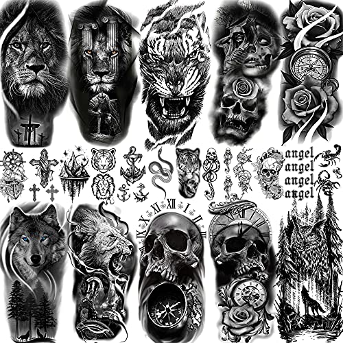 Bilizar 22 Hojas Tatuajes Temporales Adultos Mujer Hombre León Lobo Calavera Rosa Reloj Brújula Grande Kit Tatuajes Falsos Niños Niñas Negro Realista 3D Tatuajes Adhesivos Brazo Antebrazo Cuello Manga
