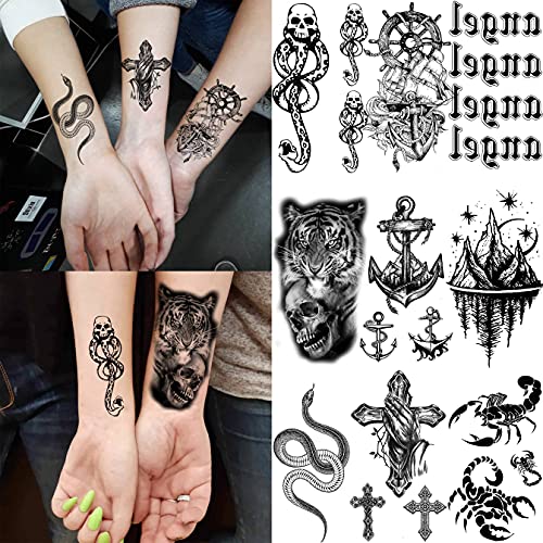 Bilizar 22 Hojas Tatuajes Temporales Adultos Mujer Hombre León Lobo Calavera Rosa Reloj Brújula Grande Kit Tatuajes Falsos Niños Niñas Negro Realista 3D Tatuajes Adhesivos Brazo Antebrazo Cuello Manga