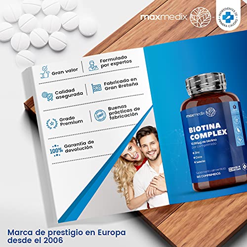 Biotina Zinc y Selenio 10000 mcg 365 Comprimidos Vegano - Suplemento Vitamínico Para Crecimiento Cabello, Piel y las Uñas, Enriquecido con Aceite de Coco Contribuye al Metabolismo Energético Normal