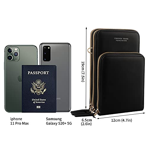 Bolso de teléfono móvil para Mujer Monedero de Cartera Cruzada Mini Bolso de teléfono Celular Cruzado de Cuero Ligero con Ranuras para Tarjeta de Correa(Negro)