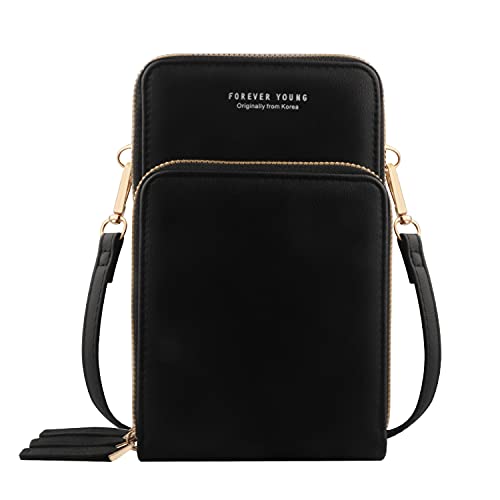 Bolso de teléfono móvil para Mujer Monedero de Cartera Cruzada Mini Bolso de teléfono Celular Cruzado de Cuero Ligero con Ranuras para Tarjeta de Correa(Negro)