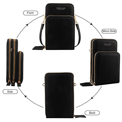 Bolso de teléfono móvil para Mujer Monedero de Cartera Cruzada Mini Bolso de teléfono Celular Cruzado de Cuero Ligero con Ranuras para Tarjeta de Correa(Negro)