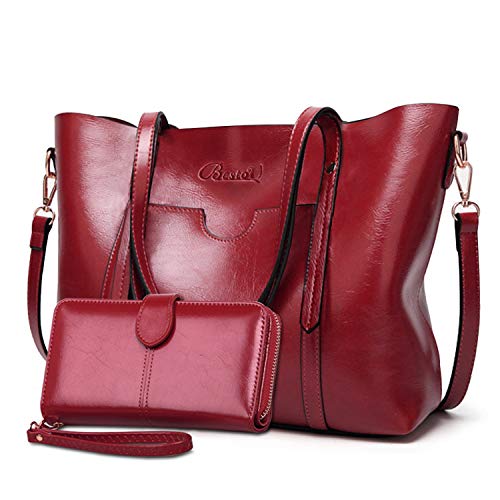 Bolsos de Mujer Bolso Bandolera Tote Grande De Hombro Bolsos PU Cuero Bolsos Billetera 2pcs Set (Rojo)