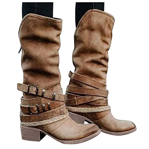 Botas de equitación para mujer, estilo retro, con cremallera, para otoño, con tacón alto, botas de invierno, botas largas, botas de vaquero occidental, botas de vaquero
