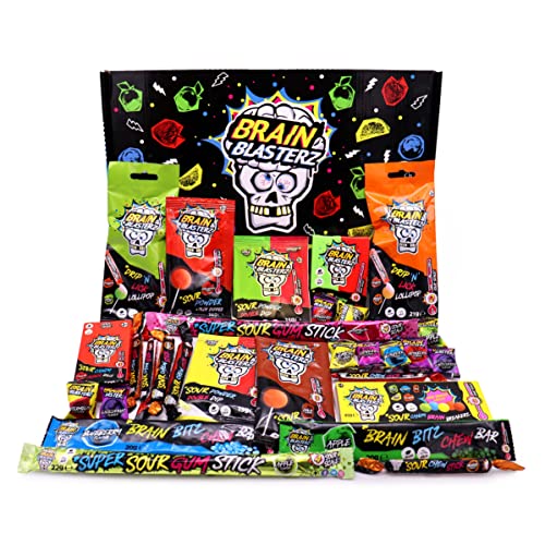 Brain Blasterz - Caja de regalo de dulces superácidos: caramelo ácido, palo de goma ácido, caramelo en aerosol, Brain Breakerz de sabor manzana, fresa, cola y más - Caja de dulces de Halloween