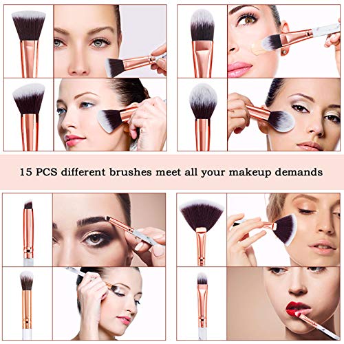 Brochas de maquillaje FILY DUAIU 15PCs Marble Pinceles de maquillaje rubor, contorno, base, corrector, sombra de ojos, brochas con esponja de maquillaje y cepillo limpiador huevo