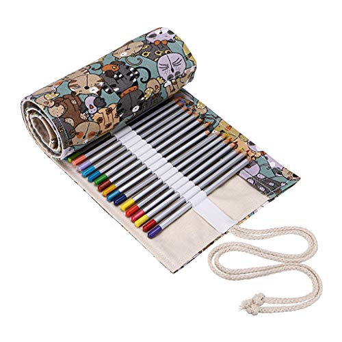 BTSKY Estuche Enrollable para Lápices con 72 Agujeros Cortina de Lápices de Tela de Gran Capacidad Organizador para Envolver Lápices de Colores, Color Café Estampado de Gatos