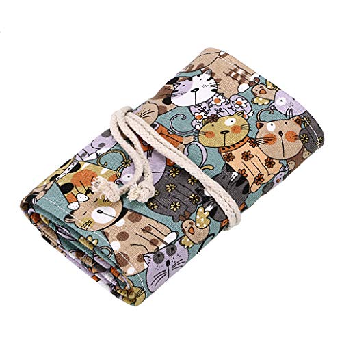 BTSKY Estuche Enrollable para Lápices con 72 Agujeros Cortina de Lápices de Tela de Gran Capacidad Organizador para Envolver Lápices de Colores, Color Café Estampado de Gatos