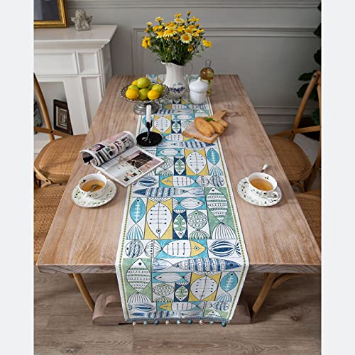 Camino de Mesa Creativo y Abstracto Inspirado en Peces|Camino de Mesa de Poliéster Moderno para Comedor,Cocina Familiar,Decoración de Mesa de Café,Decoración de Fiestas,32x240 cm (12,5x94,4 in)