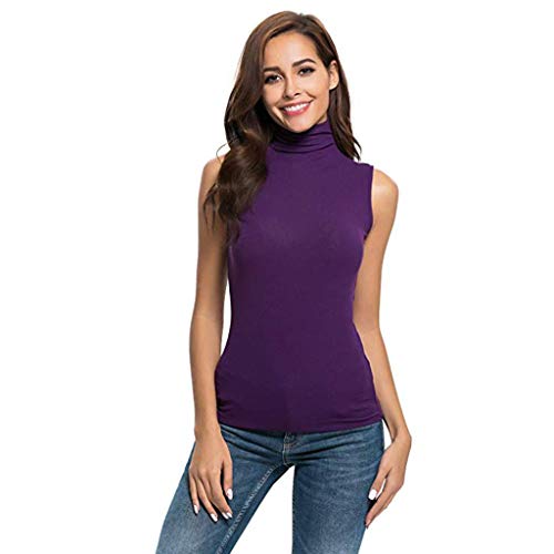 Camisetas sin Mangas Mujer,SHOBDW Primavera Verano Sin Mangas Sólido Suave Slim Fit Cuello Alto Frío Hombro Camiseta Blusa Moda Diario Casual Tank Tops para Mujeres(Púrpura,XL)
