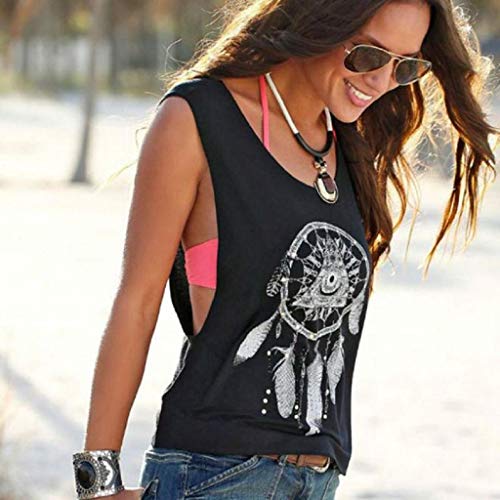 Camisetas sin Mangas Mujer,SHOBDW Sexy Verano Atrapasueños Impreso Sin Mangas Hombro Frío Hueco hacia Fuera Suelta Crop Tank Tops Camiseta Blusa Camiseta para Mujeres(Negro,XL)
