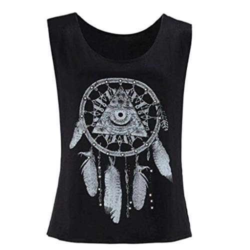 Camisetas sin Mangas Mujer,SHOBDW Sexy Verano Atrapasueños Impreso Sin Mangas Hombro Frío Hueco hacia Fuera Suelta Crop Tank Tops Camiseta Blusa Camiseta para Mujeres(Negro,XL)