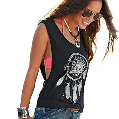 Camisetas sin Mangas Mujer,SHOBDW Sexy Verano Atrapasueños Impreso Sin Mangas Hombro Frío Hueco hacia Fuera Suelta Crop Tank Tops Camiseta Blusa Camiseta para Mujeres(Negro,XL)