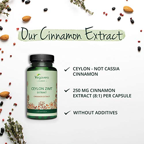 Canela de Ceylán Vegavero® | 2000 mg | Sin Aditivos Artificiales | Control de Glucosa - Azúcar en Sangre | 120 Cápsulas | Apto para Veganos