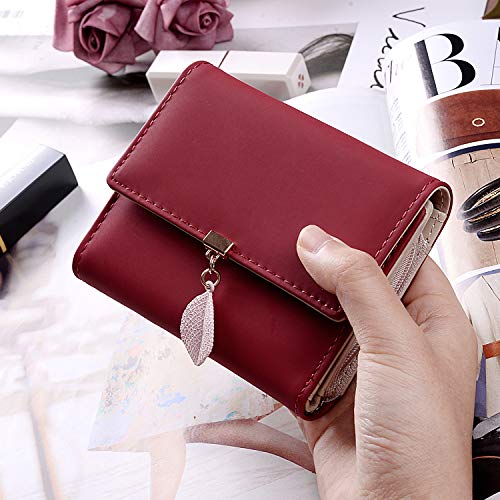 Cartera de Mujer - UTO Monedero Corto Adorno Hoja Colgante Cartera Minimalista con Bolsillo de Cremallera para Monedas