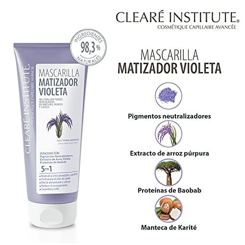 Clearé Institute Mascarilla Matizadora Violeta | Neutraliza Tonos Indeseados | Mascarilla Matizante Morada Especial en Mechas, Rubios y Grises | 98,3% Ingredientes Naturales y Arroz Violeta. 200ml