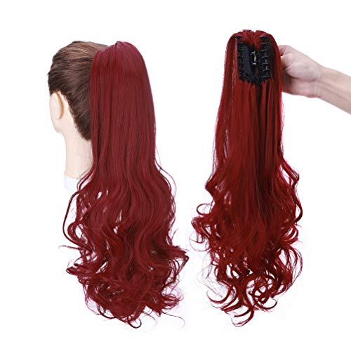 Coleta Postiza con Pinza Claw Ponytail Extensions de Cabello Natural Clip Pelo Sintético Coletero Postizo Lisa a Rizado Ondulado Se Ve Natural 45cm Rojo oscuro