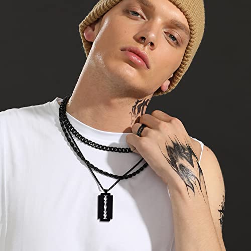 Collar Negro Cadena Eslabones para Hombre 50cm Ajustable con Colgante cuchilla de afeitar regalo cumpleaños día padre