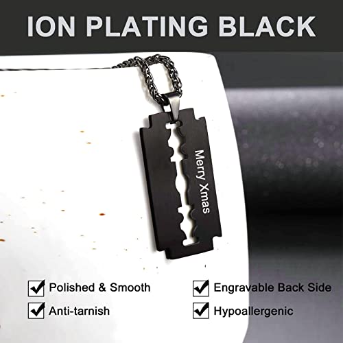 Collar Negro Cadena Eslabones para Hombre 50cm Ajustable con Colgante cuchilla de afeitar regalo cumpleaños día padre