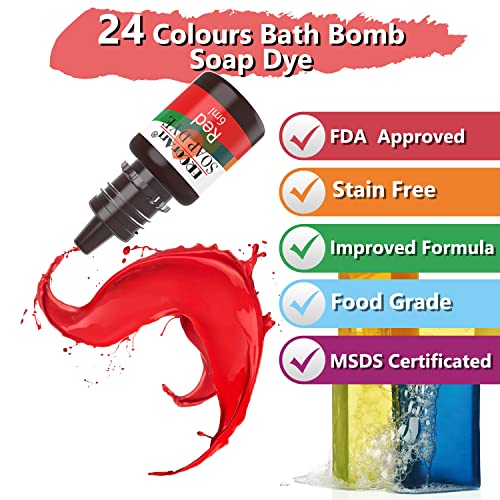 Colorante Jabón - 24 Colores Colorante de Bomba de Baño Líquido para Fabricación de Jabón, Tinte de Jabón para Kit de Suministros de limo, bombas de baño hechas a mano - 6ml Cada Uno