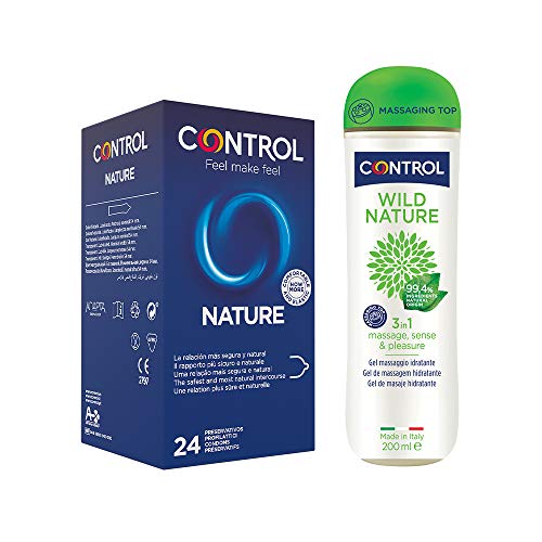 CONTROL Preservativos Nature, Gel de Masaje Wild - Caja de Condones 24 ud Lubricados y Gel De Masaje Corporal Con Aroma a Té Negro 200 ml e Ingredientes Naturales (pack ahorro)