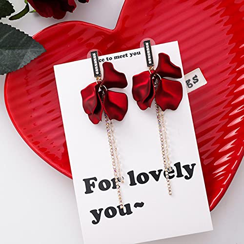 CXWK Pendientes Colgantes Vintage para Mujer, Pendientes Largos con borlas de pétalo de Rosa Sexis, joyería Coreana Femenina, Pendientes Rojos