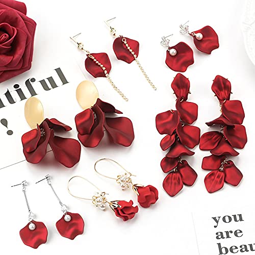 CXWK Pendientes Colgantes Vintage para Mujer, Pendientes Largos con borlas de pétalo de Rosa Sexis, joyería Coreana Femenina, Pendientes Rojos