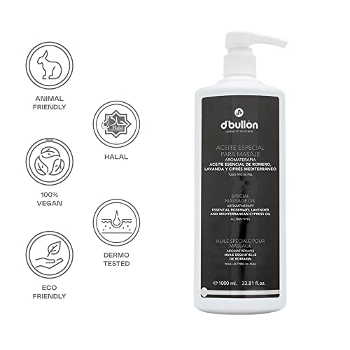 D´Bullón Aceite Corporal especial para Masaje con propiedades relajantes. calmantes. Aromaterapia: aceite esencial de romero, lavanda y ciprés. Vegano. -1000ml