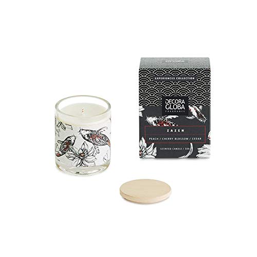 Decoragloba - Vela Aromática en Vaso de Cristal - Fragancia Zazen - Aroma Verde y Floral de Rosa, Jazmín, Pino y Eucalipto - 50 Horas de Quemado - Colección "Japón Experience" - 220gr
