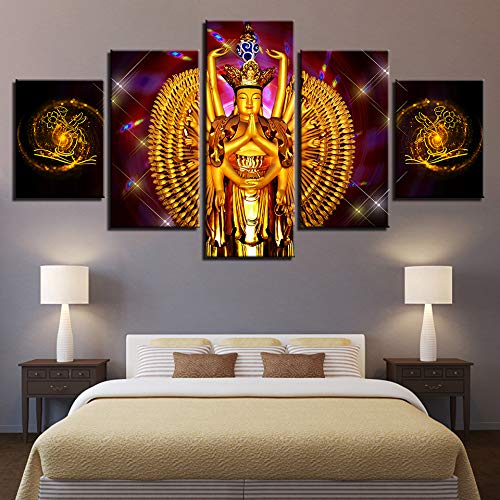 DGGDVP Pintura Arte de la Pared Moderno 5 Piezas Hindú Mil Kwan-Yin Modular Poster Decoración Sala de Estar HD Impreso Lienzo Imágenes Tamaño 1 Sin Marco