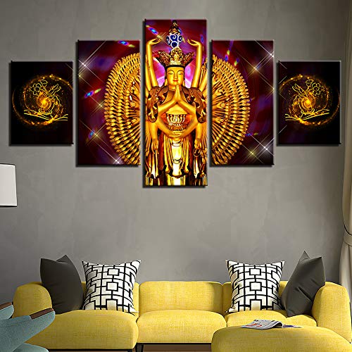 DGGDVP Pintura Arte de la Pared Moderno 5 Piezas Hindú Mil Kwan-Yin Modular Poster Decoración Sala de Estar HD Impreso Lienzo Imágenes Tamaño 1 Sin Marco