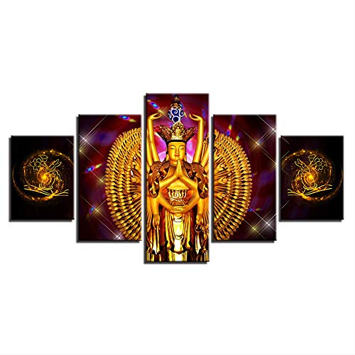 DGGDVP Pintura Arte de la Pared Moderno 5 Piezas Hindú Mil Kwan-Yin Modular Poster Decoración Sala de Estar HD Impreso Lienzo Imágenes Tamaño 1 Sin Marco