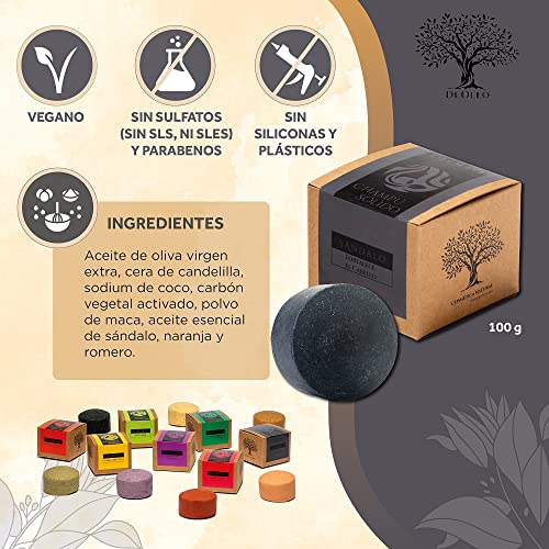 Di Oleo Champú Sólido de Sándalo, Champú Natural y Vegano, Hidrata y Fortalece el Cabello, Hombre y Mujer, Fabricado en España, 100 g