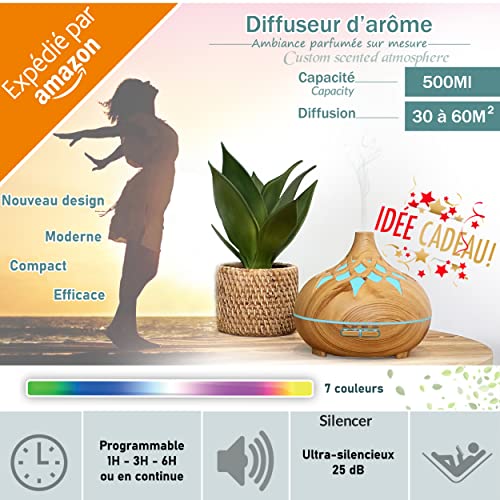 Difusor de Aceites Esenciales Top, Humidificador de Aire, Luz Nocturna - 7 LEDs| Apagado Automático Fresh Mist - Hogar y Jardín - 500ML- Ambientador- Difusor Silencioso