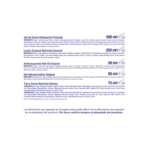 Dove Neceser Mujer Set de Baño con Bolsa de Aseo Gel de Ducha Hidratación Profunda + Loción Corporal Nutrición Esencial + Desodorante Antitranspirante Roll On + Gel Hidroalcohólico + Tarro Crema