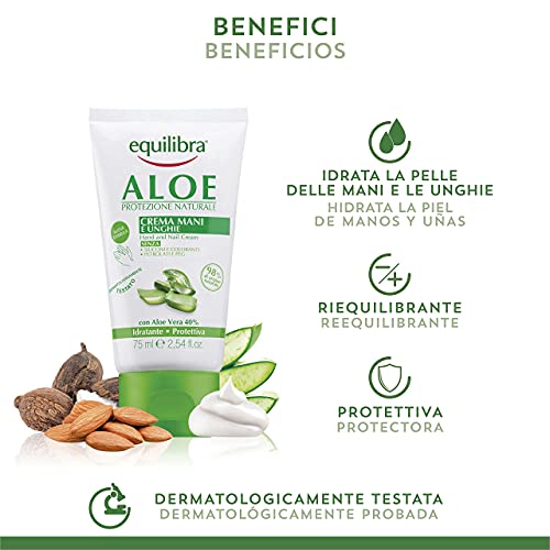 Equilibra Cuidado Corporal, Crema de Manos y Uñas a Base de Aloe Vera con Acción Hidratante, Calmante, Protectora y Reequilibrante de la Piel, Rápida Absorción, 75 ml