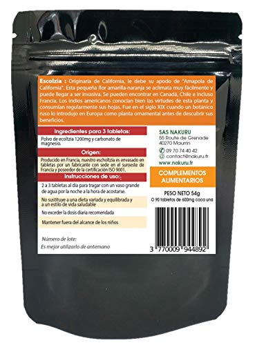 Escolzia/NAKURU Relax/Polvo orgánico seco y comprimido en frío/Analizado y envasado en Francia /" La Amapola de California!" (90 Tabletas de 600mg / Peso Neto: 54g / Negro)