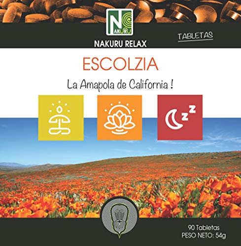 Escolzia/NAKURU Relax/Polvo orgánico seco y comprimido en frío/Analizado y envasado en Francia /" La Amapola de California!" (90 Tabletas de 600mg / Peso Neto: 54g / Negro)