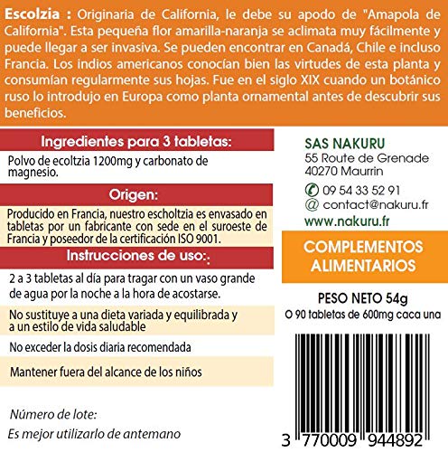 Escolzia/NAKURU Relax/Polvo orgánico seco y comprimido en frío/Analizado y envasado en Francia /" La Amapola de California!" (90 Tabletas de 600mg / Peso Neto: 54g / Negro)