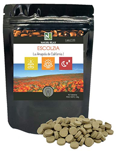 Escolzia/NAKURU Relax/Polvo orgánico seco y comprimido en frío/Analizado y envasado en Francia /" La Amapola de California!" (90 Tabletas de 600mg / Peso Neto: 54g / Negro)