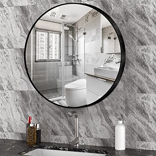 Espejo de pared redondo para entrada, baño, sala de estar, espejo redondo de metal para pared (negro, 60 cm)