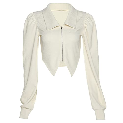 Estilo Europeo y Americano Primavera y otoño Moda para Mujer Color sólido Solapa Slim Fit Camisa Corta Sexy Cremallera Femenina XL