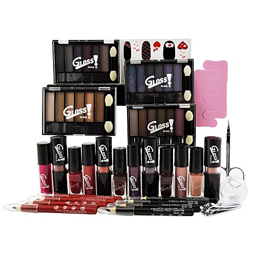 Estuche y paleta de maquillaje para mujeres | 47 piezas: rubor, sombra de ojos, lápiz labial, esmalte de uñas | Estuche de almacenamiento | Organizador|Idea de caja de regalo de belleza | VANITY BLACK