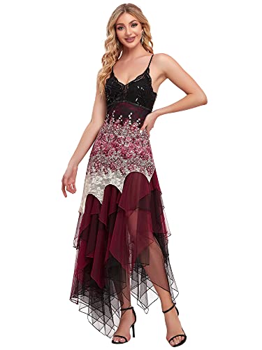 Ever-Pretty Asimetrico Vestido de Noche Corto Vestido de Fiesta Cuello en V Vestido Casual para Mujer Burdeos 56
