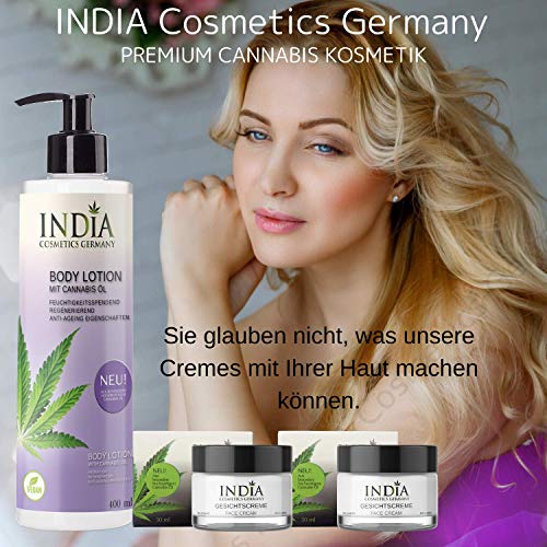 Face & Body-Set de India Cosmetics Germany, con aceite de cannabis orgánico de primera calidad. Los productos más vendidos 2 cremas faciales y 1 loción corporal