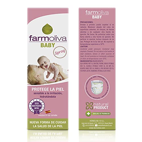 Farmoliva Baby - Spray para Bebés - 60 ml - Evita la Dermatitis de Pañal - Crema Hidratante Líquida en Aerosol para Bebés - Elaborado con Aceite de Oliva Premium - Contra Eczemas, Picor o Escozor