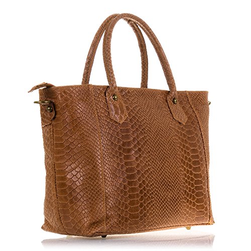 Firenze Artegiani Bolso Tote de Mujer en Piel auténtica, Acabado Grabado Serpiente y Lacado, 36 cm, Marrón