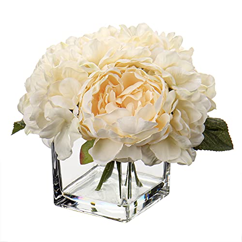 Flores falsas en jarrón de seda peonía Hortensias con agua sintética para decoración del hogar, boda, fiesta, peonías hortensias en macetas de cristal para centros de mesa, color crema