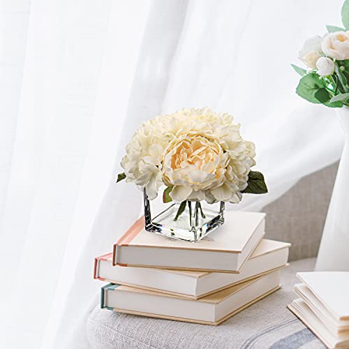 Flores falsas en jarrón de seda peonía Hortensias con agua sintética para decoración del hogar, boda, fiesta, peonías hortensias en macetas de cristal para centros de mesa, color crema