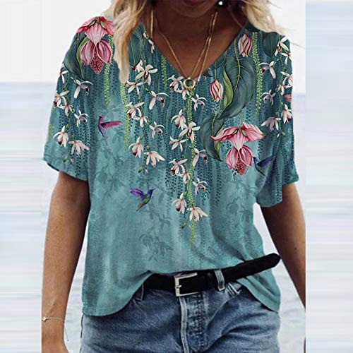 FMYONF Camisetas de mujer de manga corta, estilo informal, estilo vintage, para verano, blusas y túnicas, tallas grandes, estampado de flores, cuello redondo azul XXL